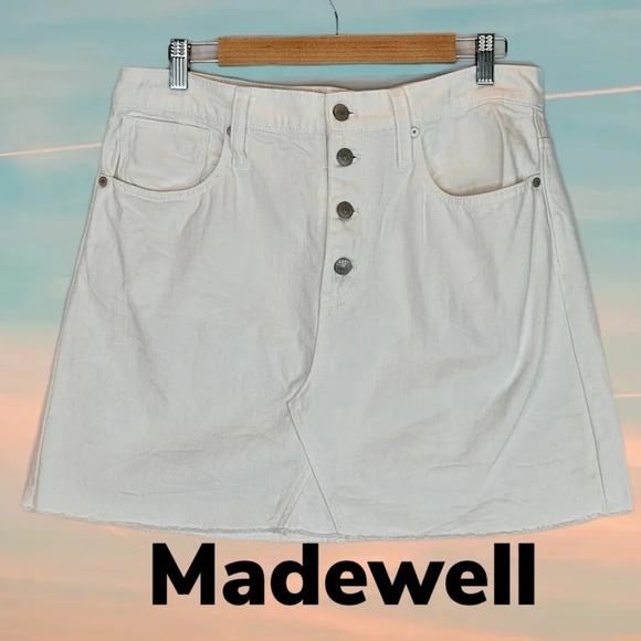 Madewell White Rigid Denim Button Front A Line Raw Hem Mini Skirt Sz 33 - Picture 1 of 6